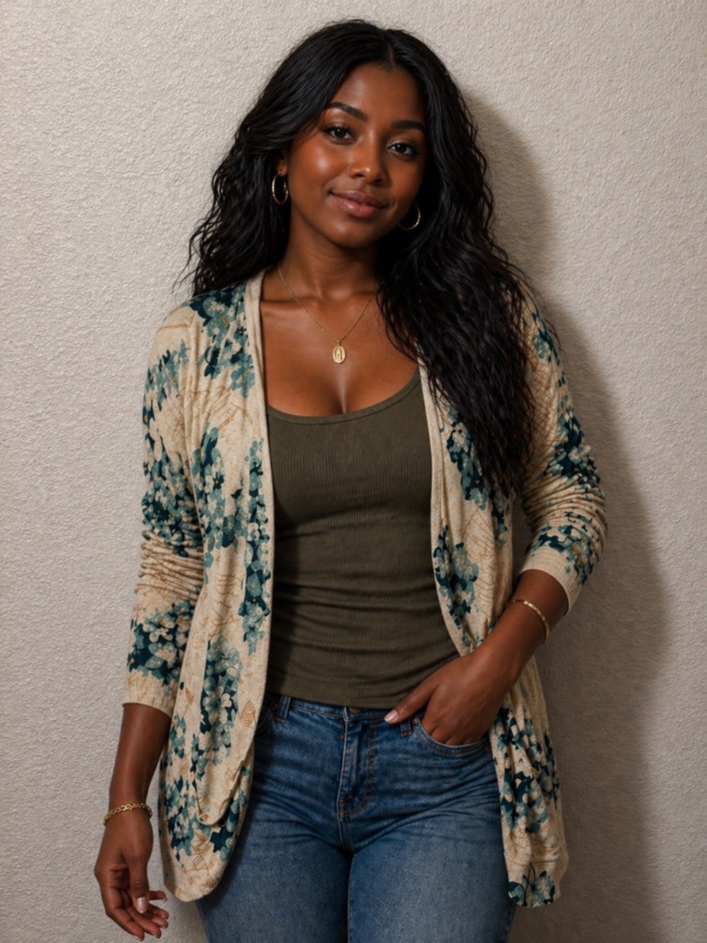 Anthropologie Guinevere Beige Floral Open-Front Cardigan with Teal Accents